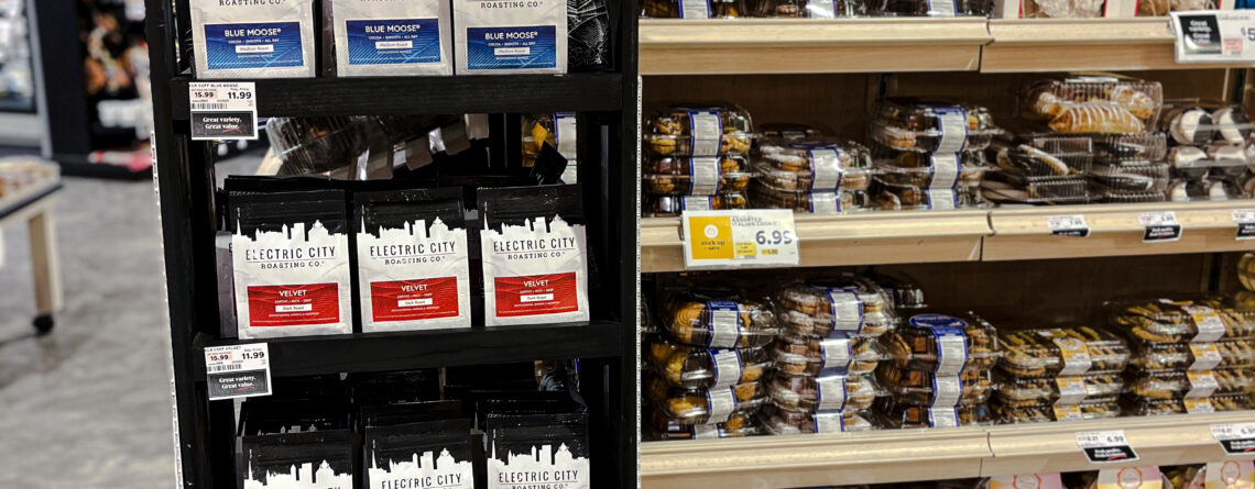 Display case of electric city roasting coffee at shoprite grocery store.